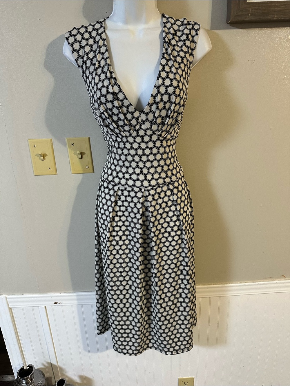 Sleeveless Black and White Polka Dot Fit & Flare Dress
